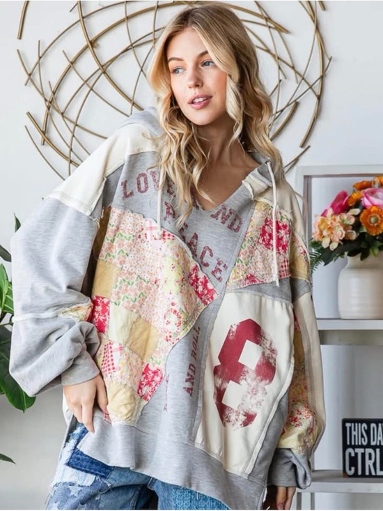 Oli & Hali Tops - Oli & Hali Patchwork Pullover Hoodie with Vintage Graphic